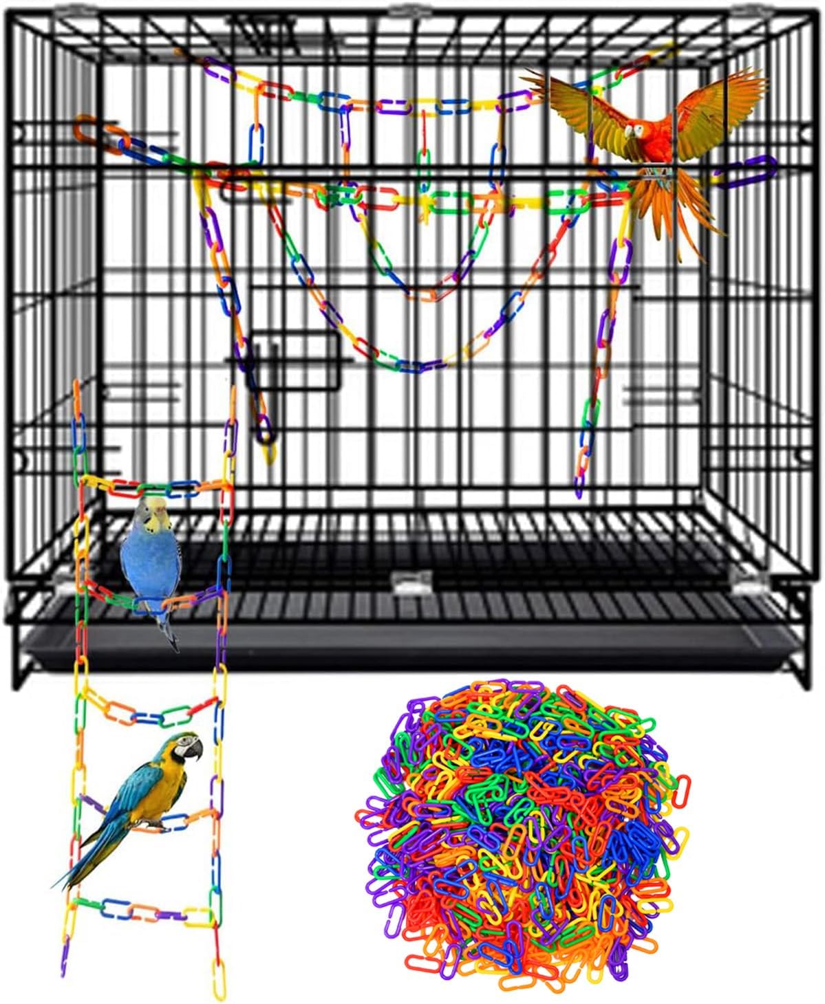 200-Piece Rainbow Plastic Chain Links & Toys - Interlocking C-Clip Bird Cage Accessories for Parakeets, Sugar Gliders, Small Pets (Climbing/Swinging Toys)