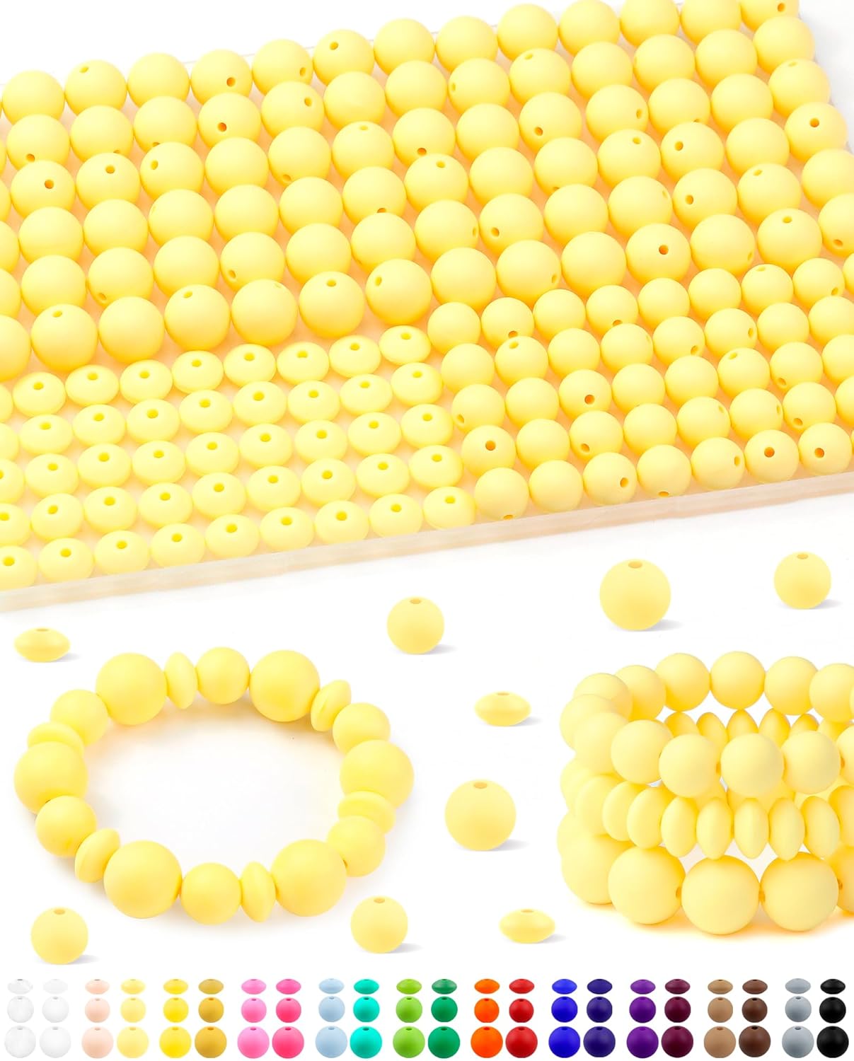 200Pcs FIVEIZERO Mixed Silicone Beads for Keychain Making, 12mm 15mm Round and 12mm Lentil Silicone Beads for Pens Bracelet Necklace DIY Crafts(Black)