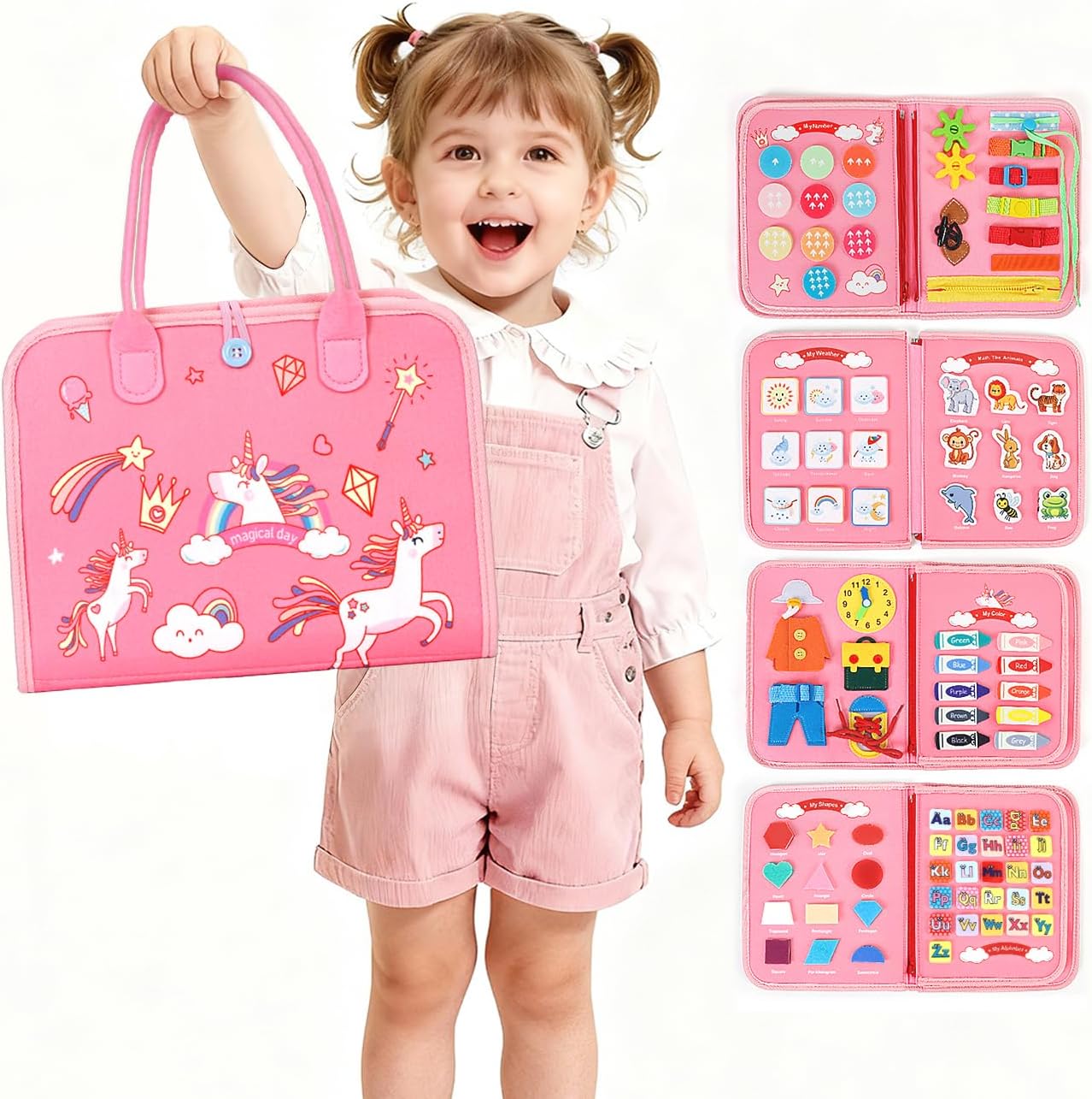 SYHLN Toddler Montessori Busy Board Toys for Little Girl Gifts: Educational Preschool Learning Travel Toys, Busy Book Learning Sensory Toys for Toddler Girls, Girls Unicorn Christmas Birthday Gifts