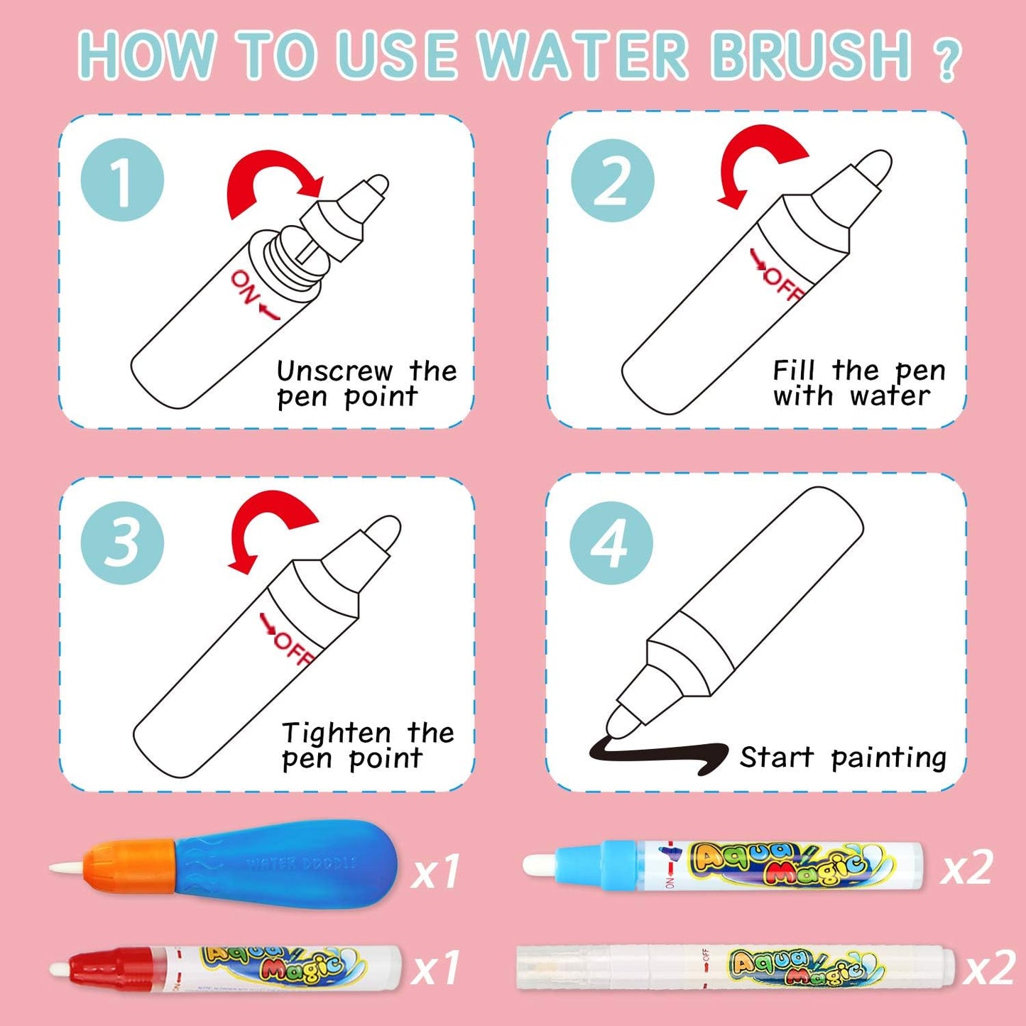 Water Doodle Mat - Kids Painting Writing Doodle Toy Board - Color Doodle Drawing Mat Bring Magic Pens Educational Toys for Age 3 4 5 6 7 8 9 10 11 12 Year Old Girls Boys Age Toddler Gift (Pink)