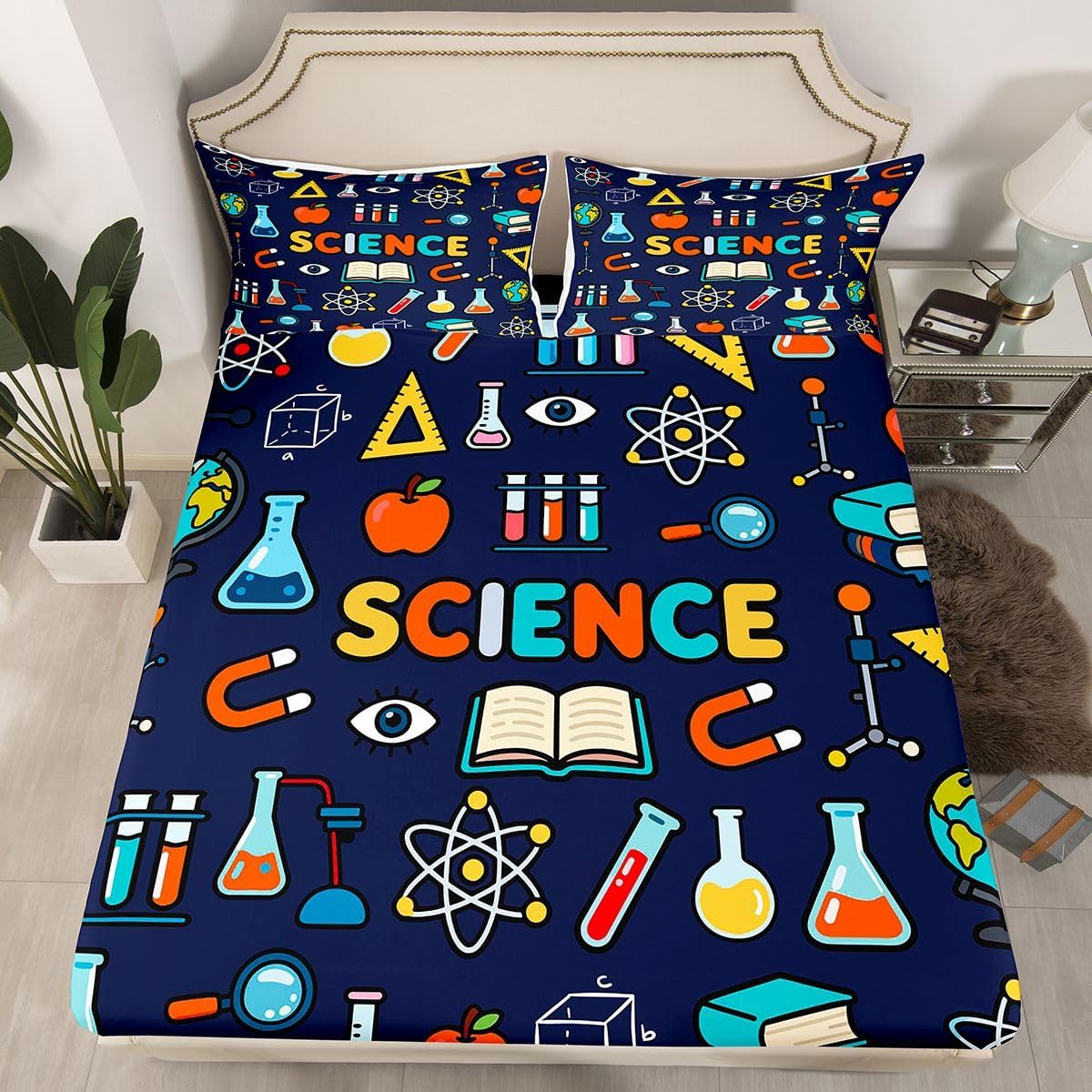 Erosebridal Chemistry Lab Fitted Sheet Twin Size Chemical Equation Bed Sheets for Boys Girls Chemical Elements Science Theme Bed Set Teens Kids Science Students Bedding Set School Dorm Room Decor