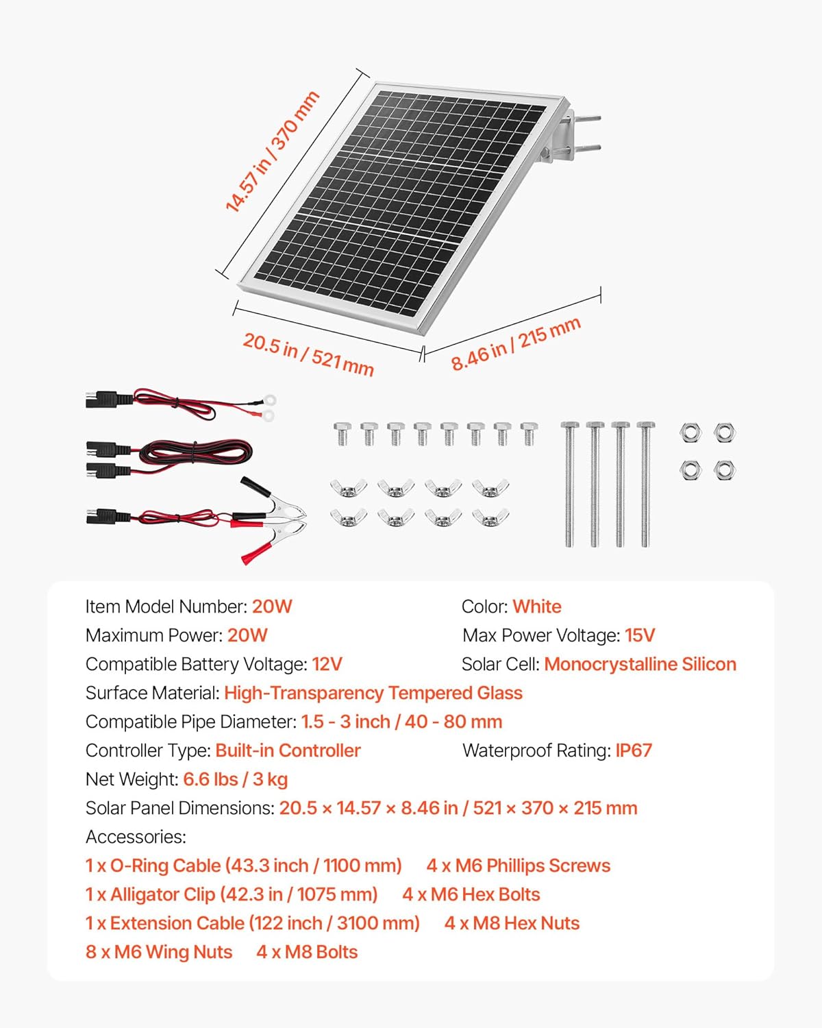VEVOR 20W 12V Solar Panel Battery Charger, Solar Battery Trickle Charger Maintainer with Built-in Controller & 0-60° Adjustable Pole Mount Bracket, IP67 for Gate Fence Farm Lawn (Fit 1.5" - 3" Poles)