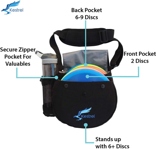 Kestrel Black Disc Golf Bag - Fits 6-10 Golf Discs + Bottle - For Beginner & Advanced Golfers - Extremely Durable Canvas - Frisbee Golf Bag - Small Sling/Shoulder Disc Golf Bag For Men & Women