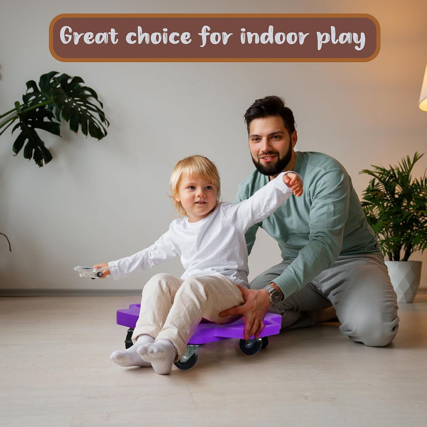 2 Plastic Scooter Boards with Handles for Kids Sitting and Sports Training, with 1 Ring, 2 Ropes and 4 Beanbags, Indoor and Outdoor Play