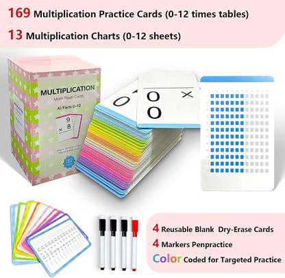 182 Multiplication Flash Cards for Kids Ages 8-12 - Multiplication Table | Math Flash Cards 0-12 All Facts (Answer on Back) | Includes 4 Dry Erase Markers, Workbook & Game | Classroom or Homeschool
