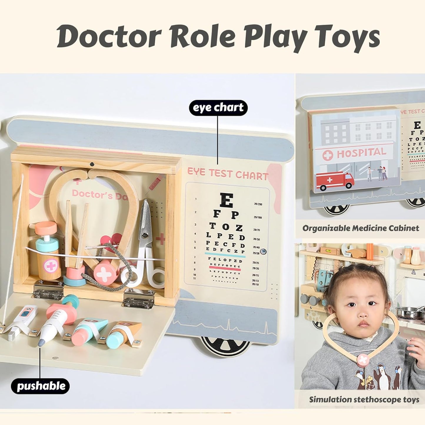 Wooden Sensory Wall Panel for Kids Activity Wall Busy Board with Wooden Toolboxes, Kitchen, Doctor Kit & More! Wall-Mounted Learning Toy for Preschoolers (3+), STEM Play