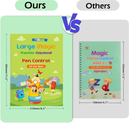 Large Magic Practice Copybook for Kids,Handwriting Grooved Practice Book 6 Pack with Pen Refill English Cursive Calligraphy Reusable Age 3-8（A4 Size）