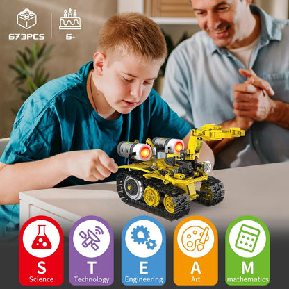 5-in-1 Remote Control STEM Robot Building Kit with LED Light – Transformable Models, Eco-Friendly Rechargeable, App-Controlled, Engineering Toy for Kids 6+ (673PCS)