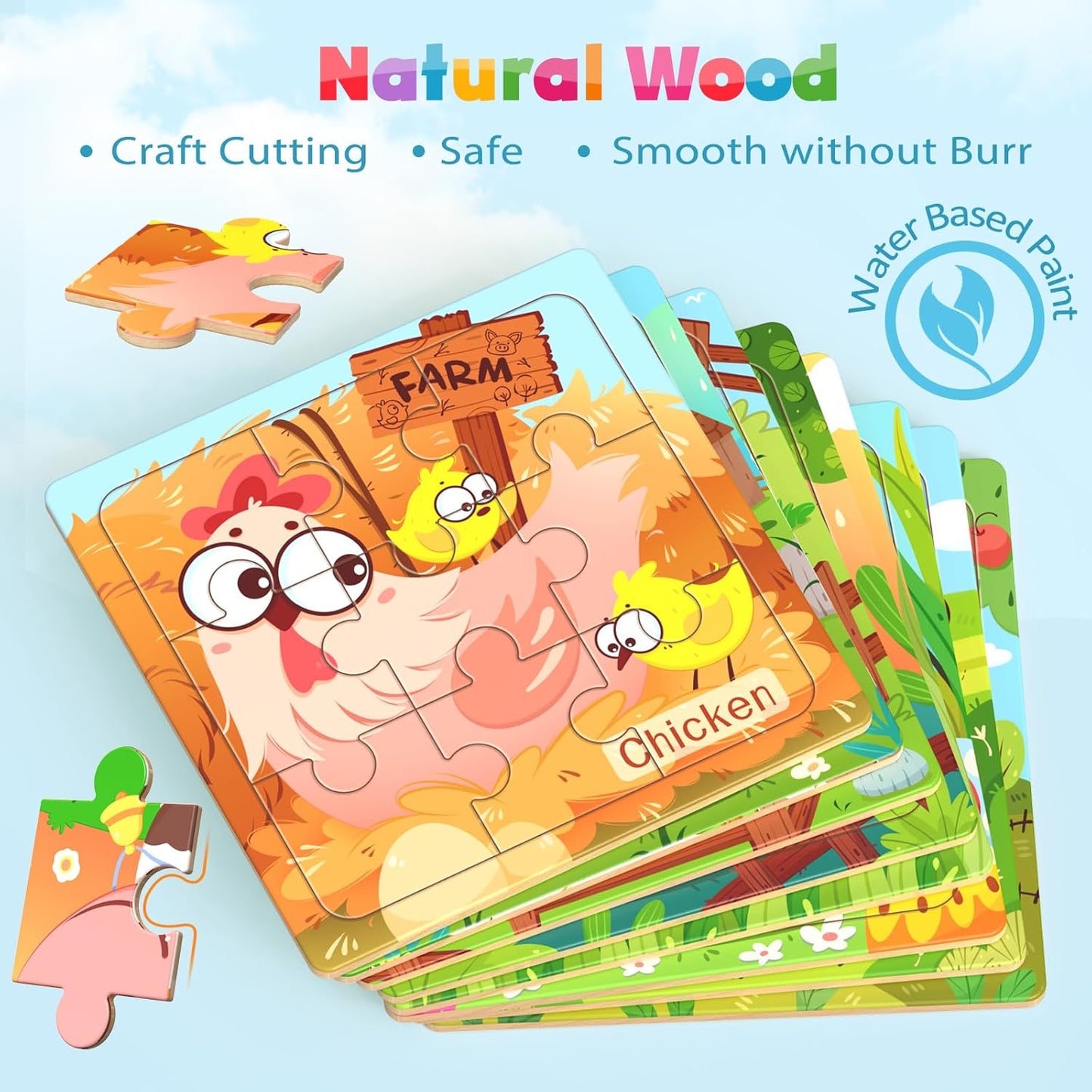 Zeoddler Wooden Puzzles for Toddlers, 8 Pack Farm Animal Jigsaw Puzzles for Kids3-5, 9 Pieces Preschool Learning Activities, Learning & Educational Toys, Gift for Boys, Girls