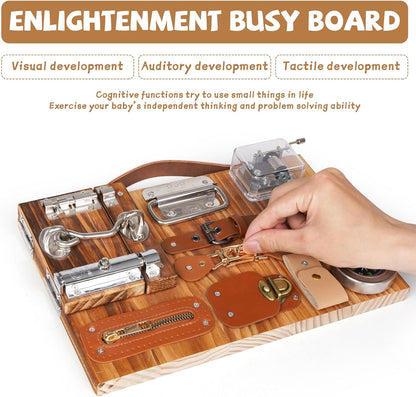 Montessori Busy Board for Toddlers Wooden Sensory Montessori Toys,Travel Toy Fidget Board Learning Activity Board for Fine Motor Skills Boys & Girls, Educational Learning Toy with Locks,Latches