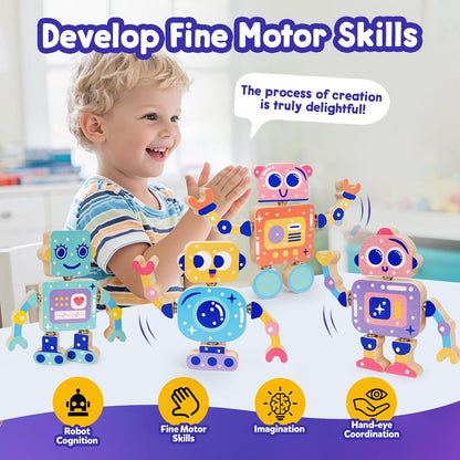 Robot Toys for Kids 3-5,Montessori Wooden Learning Toy with Take Apart Features Robots,STEM Educational Play Fine Motor Games for Toddler Boys Girls