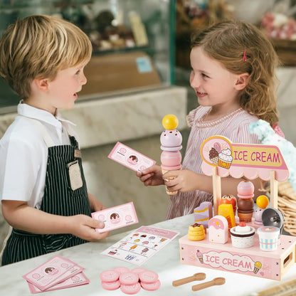 HERSITY Wooden Ice Cream Counter Pretend Play Food for Toddlers 3-5, Ice Cream Shop Stand Popsicle Toy Set Gifts for 3+ 4 5 6 Year Old Girls Boys, Pink