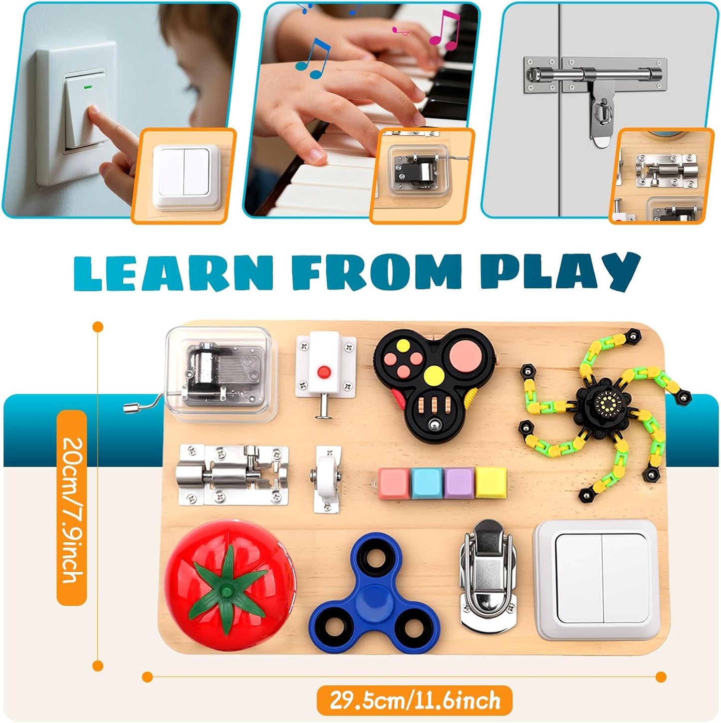 Umnodobn Montessori Busy Board for Toddlers, 11-in-1 Sensory Learning Travel-Friendly Activity Board, Fine Motor Skills Toy, Screen, Birthday Holiday Presents for Boys Girls 3+ Years Old
