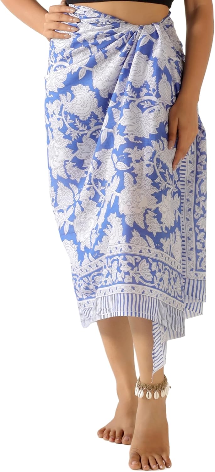 100% Cotton Sarong Cover Up for Women Indian Block Print Beach Wrap Skirt Long Boho Swimsuit Bikini Pareo (73” x 43”)