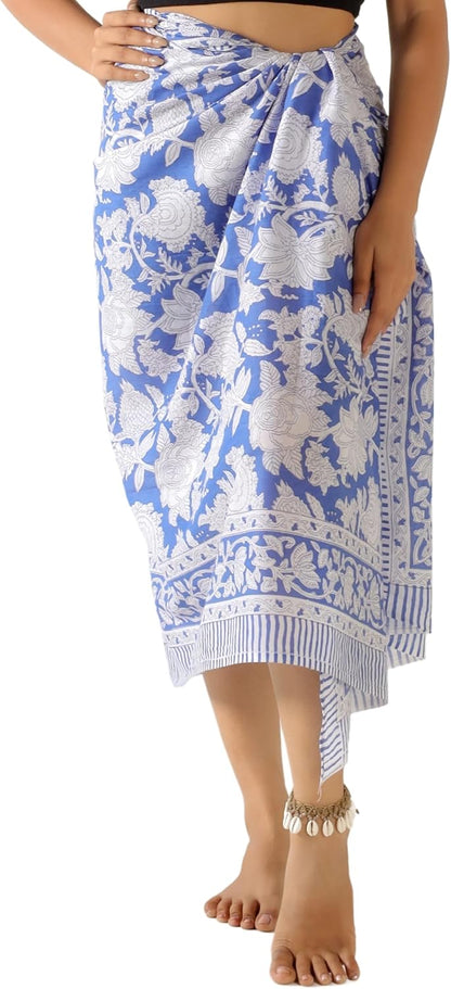 100% Cotton Sarong Cover Up for Women Indian Block Print Beach Wrap Skirt Long Boho Swimsuit Bikini Pareo (73” x 43”)