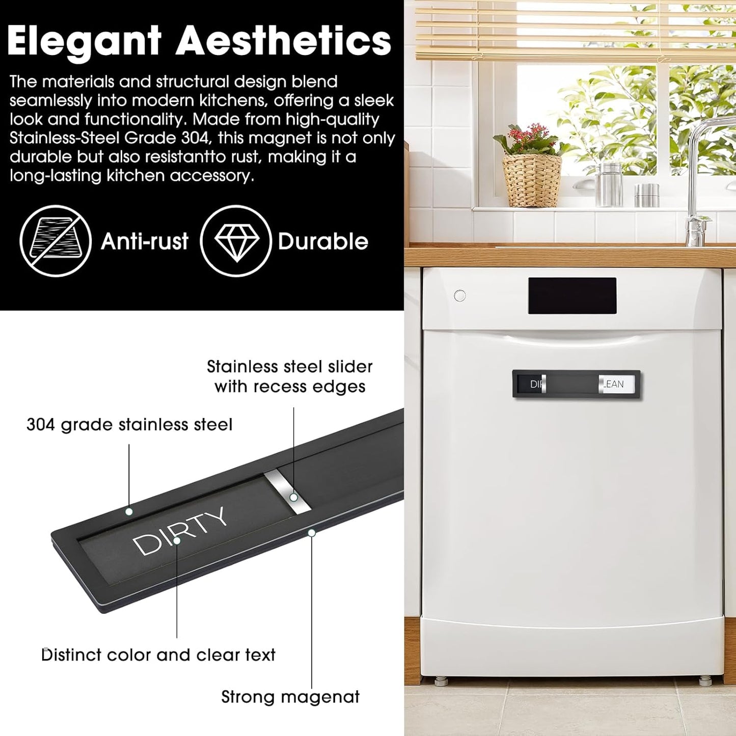 Clean Dirty Magnet for Dishwasher, Premium Stainless Steel, Dirty/Clean Speckled Design, Durable Magnet & Clear Indicators with Extra Tape (Silvery-Gray-01)