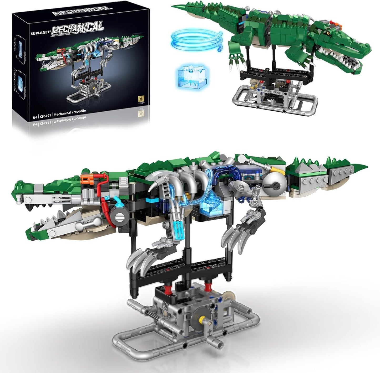 Mechanical Crocodile Building Set with Lights, Rotatable Link Components & Display Stand, STEM Building Set for Boys 8-14, Home Office Decor for Adults, Mechanical Enthusiasts（648PCS）