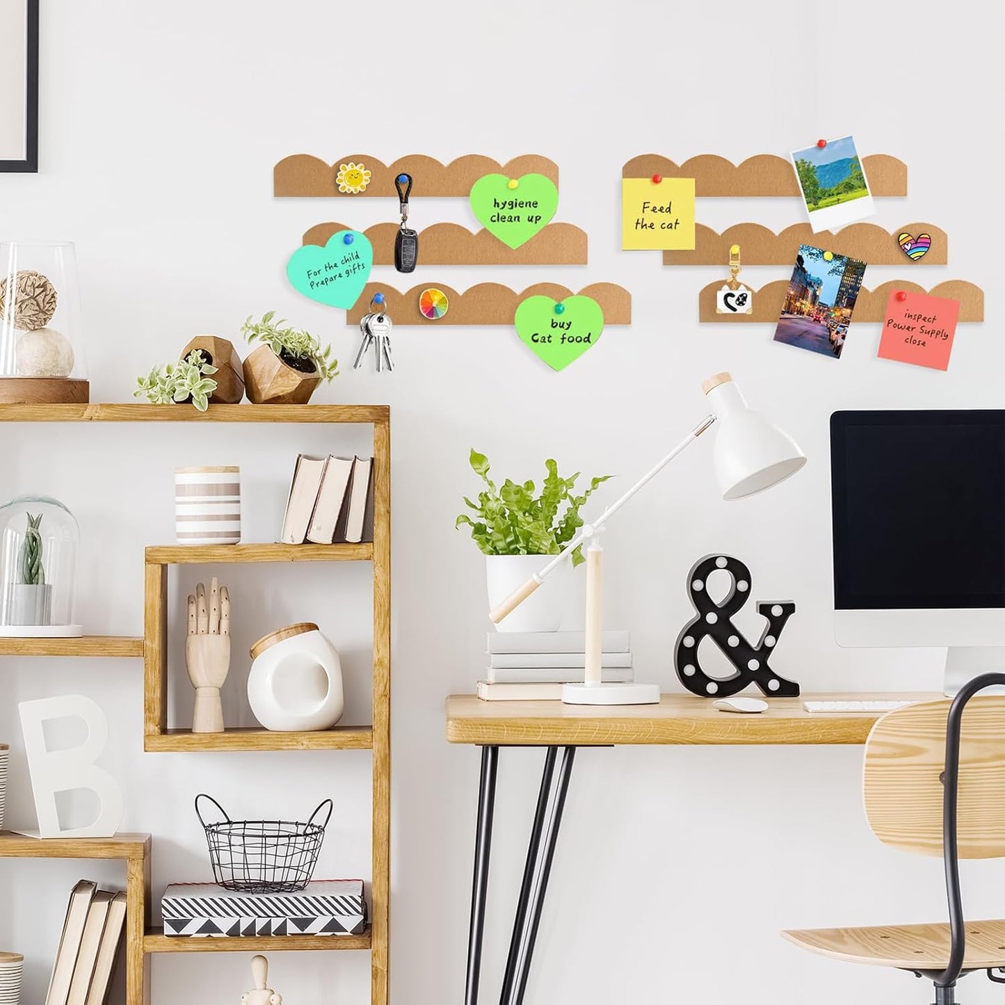 6 Pack Felt Pin Board Bar Strips,Scalloped Bulletin Board for Office Classroom Wall Decoration,Self Adhesive Cork Board Strips with 30 Push Pins for Hanging Photos,Notes,Schedules