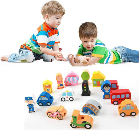 Lacing Farm Toy Wooden Block Set, Early Educational Toys String & Lacing Beads Games for Toddlers Kids Farm Animal Learning Play Set (16 Pieces)