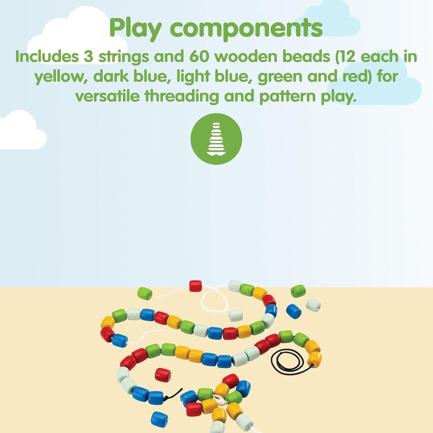 PlanToys® Threading Beads | Montessori Wooden Bead Stringing Toy for Toddlers 6M+ | Develops Fine Motor Skills, Hand-Eye Coordination & Sequencing | 60 Beads with 3 Strings & Storage Box