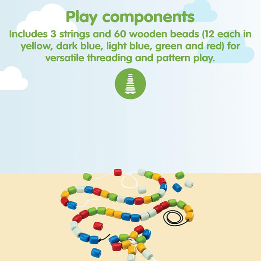 PlanToys® Threading Beads | Montessori Wooden Bead Stringing Toy for Toddlers 6M+ | Develops Fine Motor Skills, Hand-Eye Coordination & Sequencing | 60 Beads with 3 Strings & Storage Box