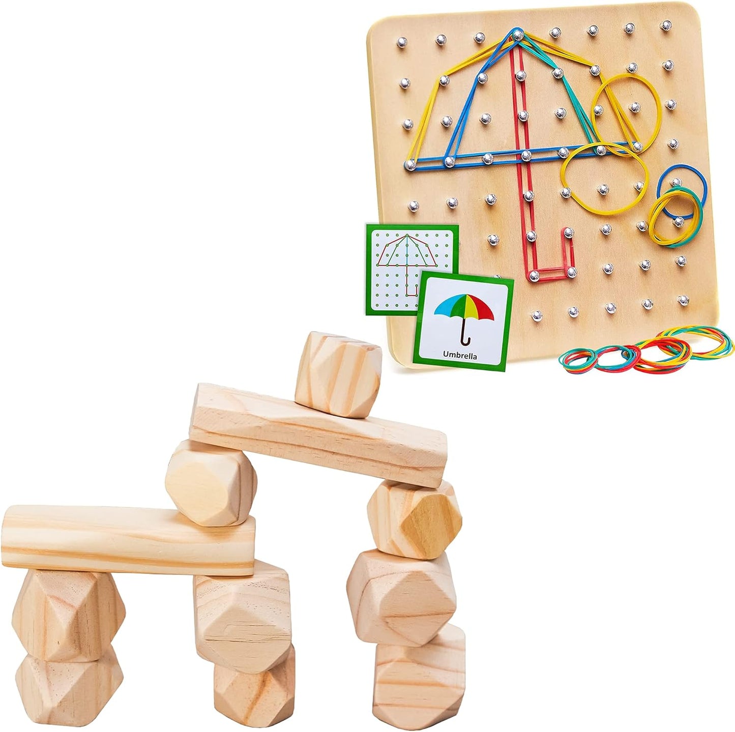 Panda Brothers Set of 2 Montessori Toys: Wooden Geoboard & Wooden Balancing Stones. Educational toys for Kids, Wooden Toys, Sensory Toys for 3 4 5 Year Old, Busy Board, Preschool Classroom STEM Toy