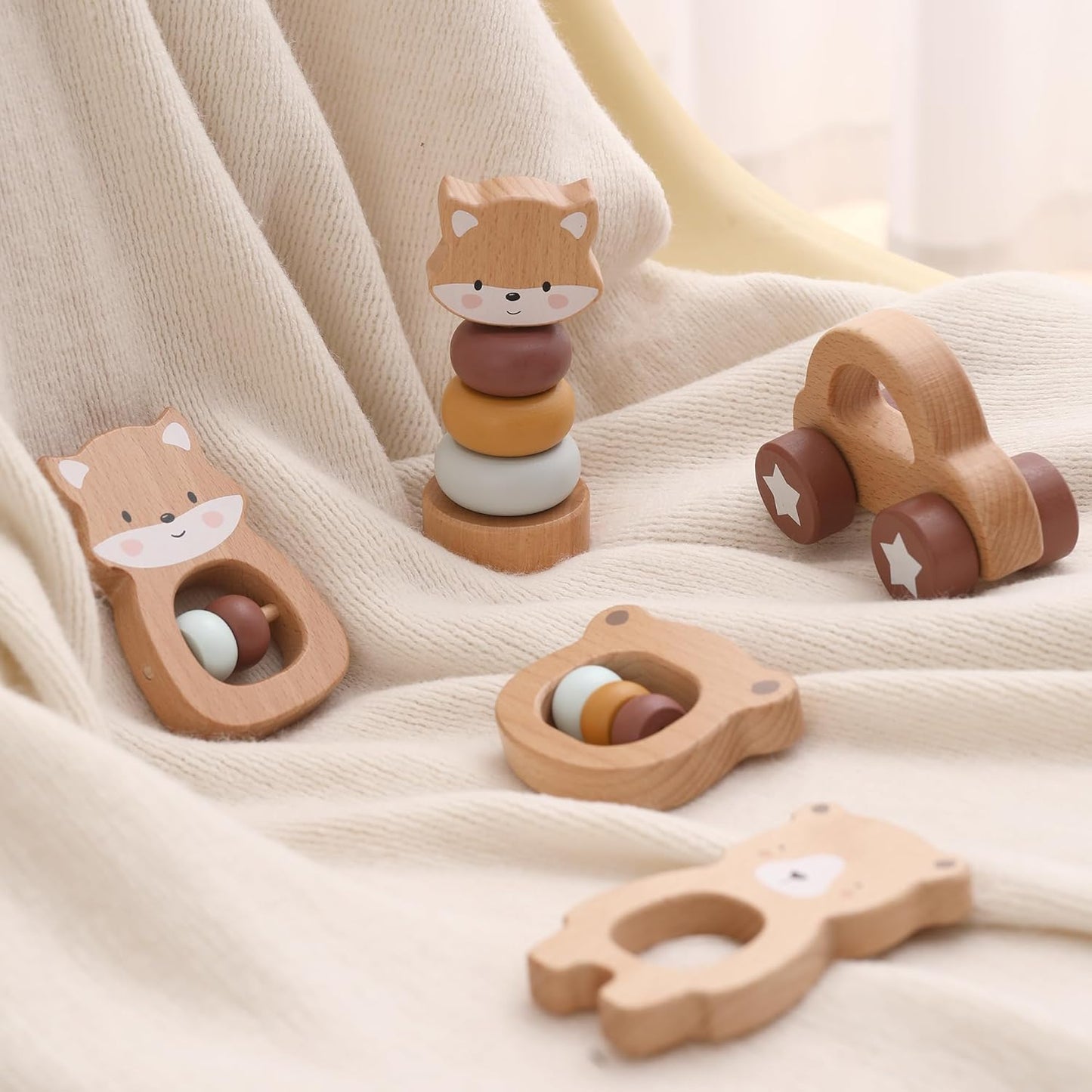 FReniland Wooden Montessori Baby Toys Set, 5-Piece Newborn Gift Set with Koala Rattle, Fox Stacking Rings & Push-Pull Toy for Boys and Girls