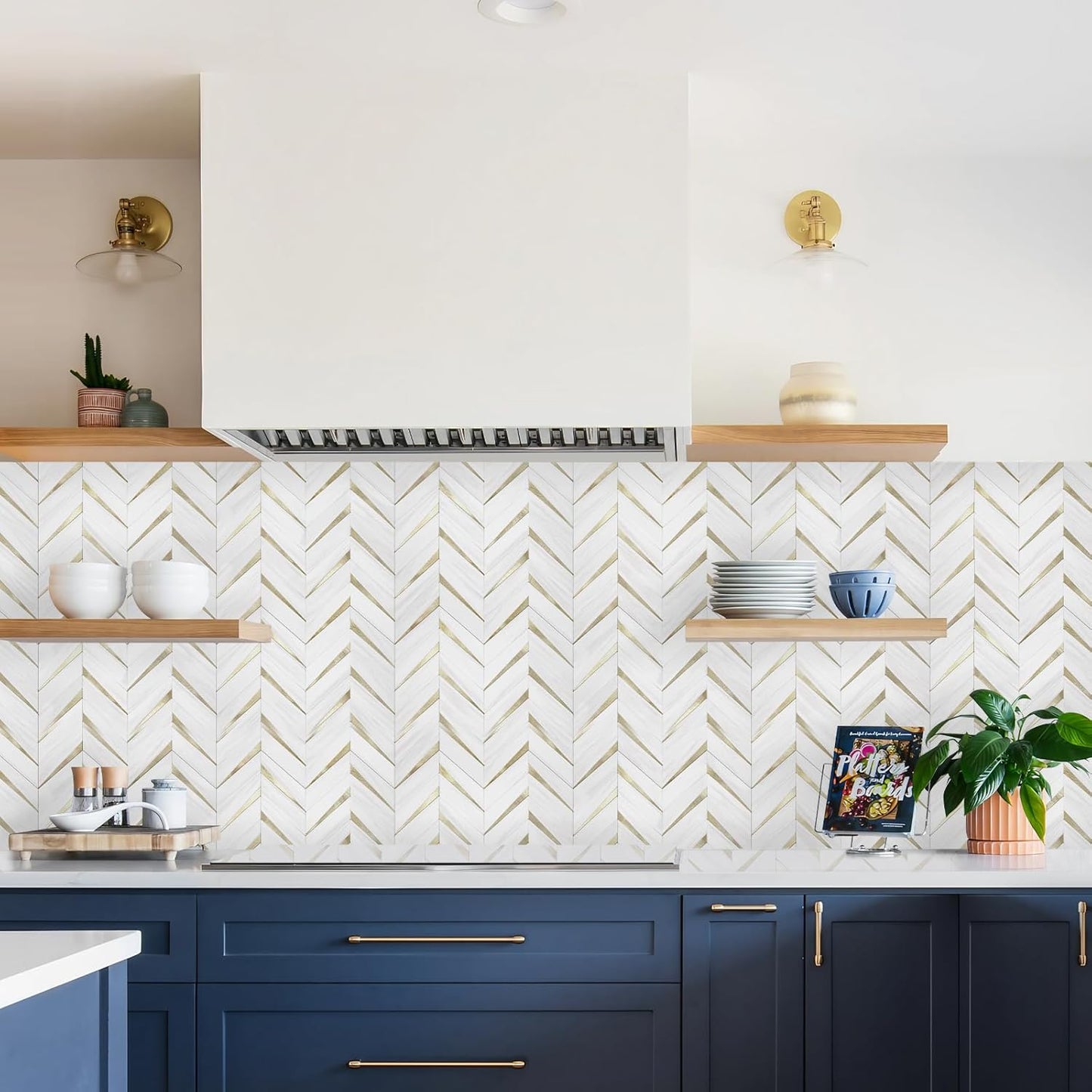 STICKGOO 10-Sheet Herringbone Tile Peel and Stick Backsplash, Beige Mixed Metal Gold PVC Stick on Backsplash, Self Adhesive Wall Tile for Kitchen and Bathroom