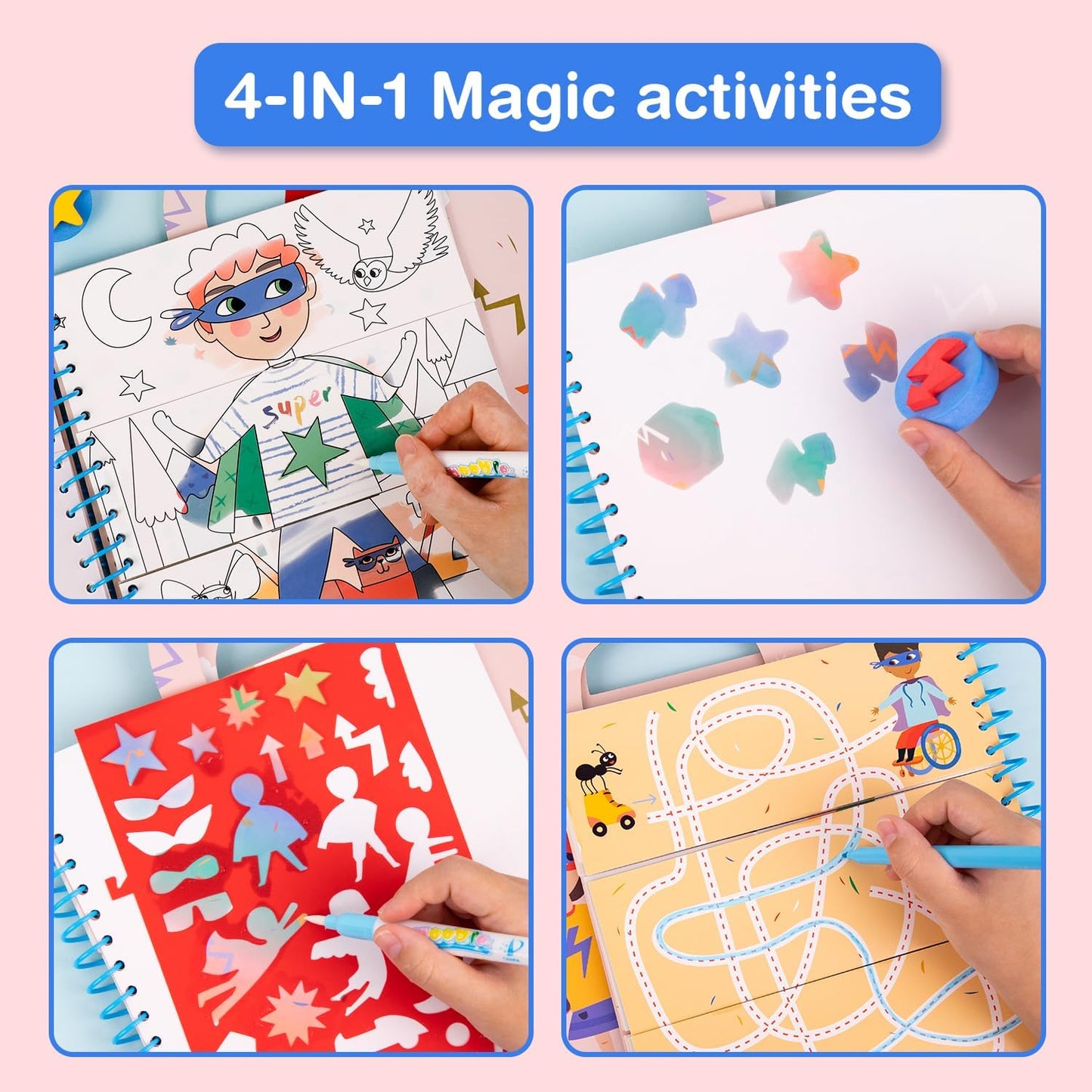 Avenir Reusable Water Coloring Book for Toddlers 3-5 – Mess-Free Paint-with-Water Travel Toy Airplane Activities Road Trip Quiet Book, Water-Reveal Activity Pad, 3-in-1 Creative Set