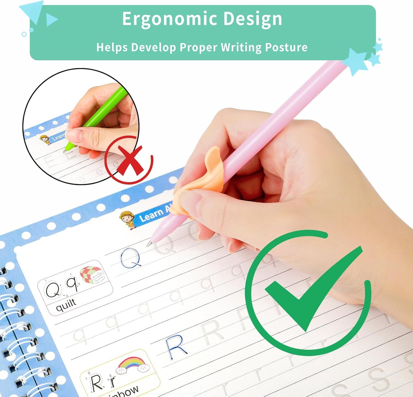 Large Reusable Grooved Handwriting Practice Workbooks for Kids Ages 3-8 – Magic Disappearing Ink & 3D Groove – Preschool Kindergarten Children Writing Books 5-Book Set with Pen Grips