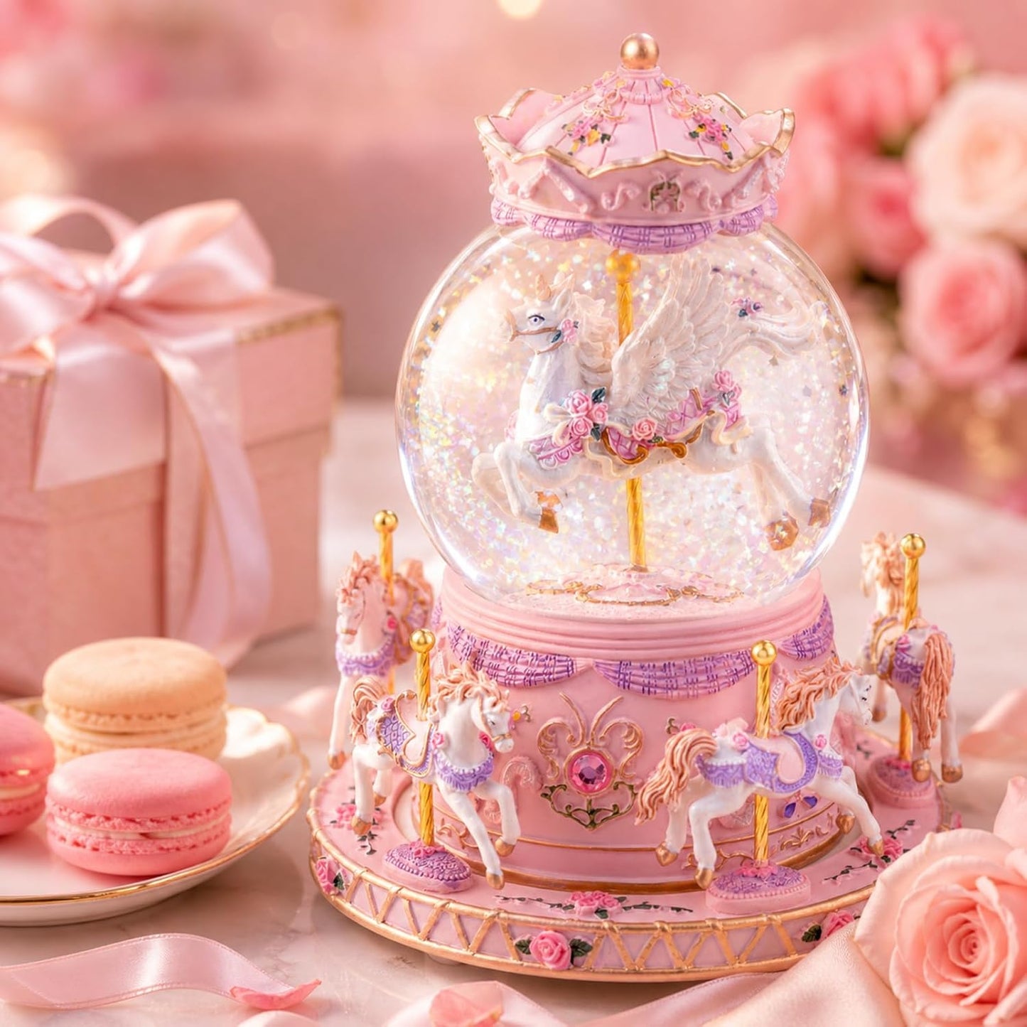 Magical Unicorn Snow Globe with “Somewhere Over the Rainbow” Music, Rotating Carousel Music Box, LED Lights & Glitter Snow, Perfect Birthday, Xmas, Valentine’s Gift, for Girls, Kids & Unicorn Lovers
