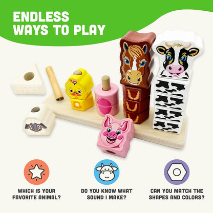 Big Discoveries Stacker - Animal Block Stacking Puzzle for Ages 2 and Up | Durable Wooden Geometry Shape Toy with Flexible Safety Pegs and Pegboard - Montessori Stack Toy for Toddlers (Farm Stacker)