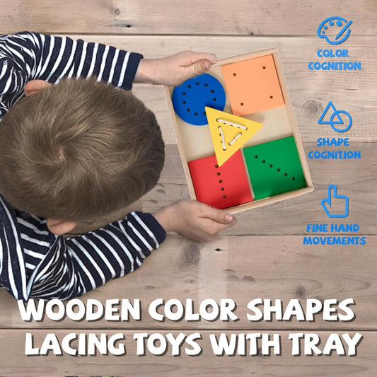 Wooden Toddler Beads and String Lacing Toy Set with Tray - Educational Threading Game for Fine Motor Skills Development - Lacing Cards for Toddlers 1-3,Montessori Toys for 2 3 4 Year Olds(5 Shapes)