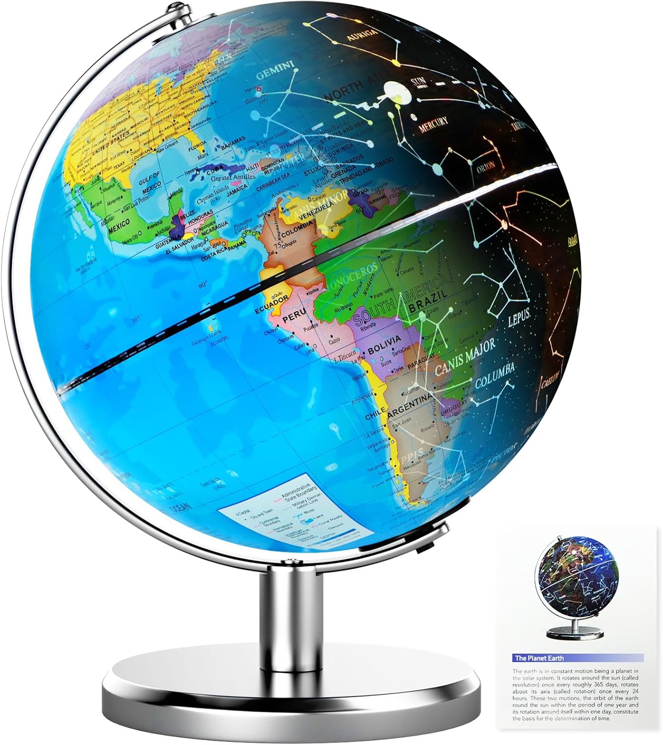 Globe for Kids & Adults Illuminated With Constellation Night Light View, 8-Inch World Globe for Classroom, Light Up Desk Globes for Earth Educational Learning & Home Desktop Decor, Geography Gifts