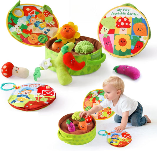 Montessori Toys for Babies 6-12 Months, Plush Vegetable Garden Sensory Sorting Toy with Storage Base, Soft Plush Farm Harvest Game for Fine Motor Skills, Perfect Baby Boys Girls Gift 0-2 Year Old