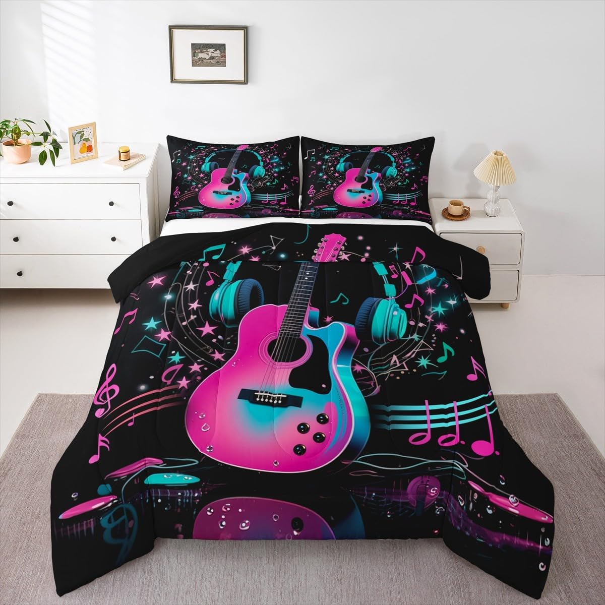 Erosebridal Drum Kit 3D Print Kids Comforter Sets Rock Music Themed Full Bedding Set for Boys Girls Musical Pattern Comforter Set,Colorful Retro Style Quilt Duvet 3 Pcs