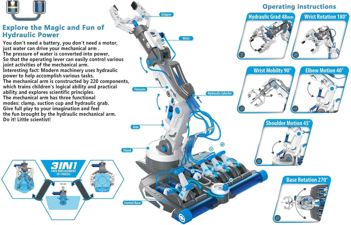 Hydraulic Robot Arm Kit STEM Building Projects Toy Science Kits 3 in 1 Children Hydraulic Mechanical Arm Toy Scientific Experiment for Kids Over 8 Years[Blue]