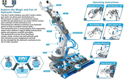 Hydraulic Robot Arm Kit STEM Building Projects Toy Science Kits 3 in 1 Children Hydraulic Mechanical Arm Toy Scientific Experiment for Kids Over 8 Years[Blue]