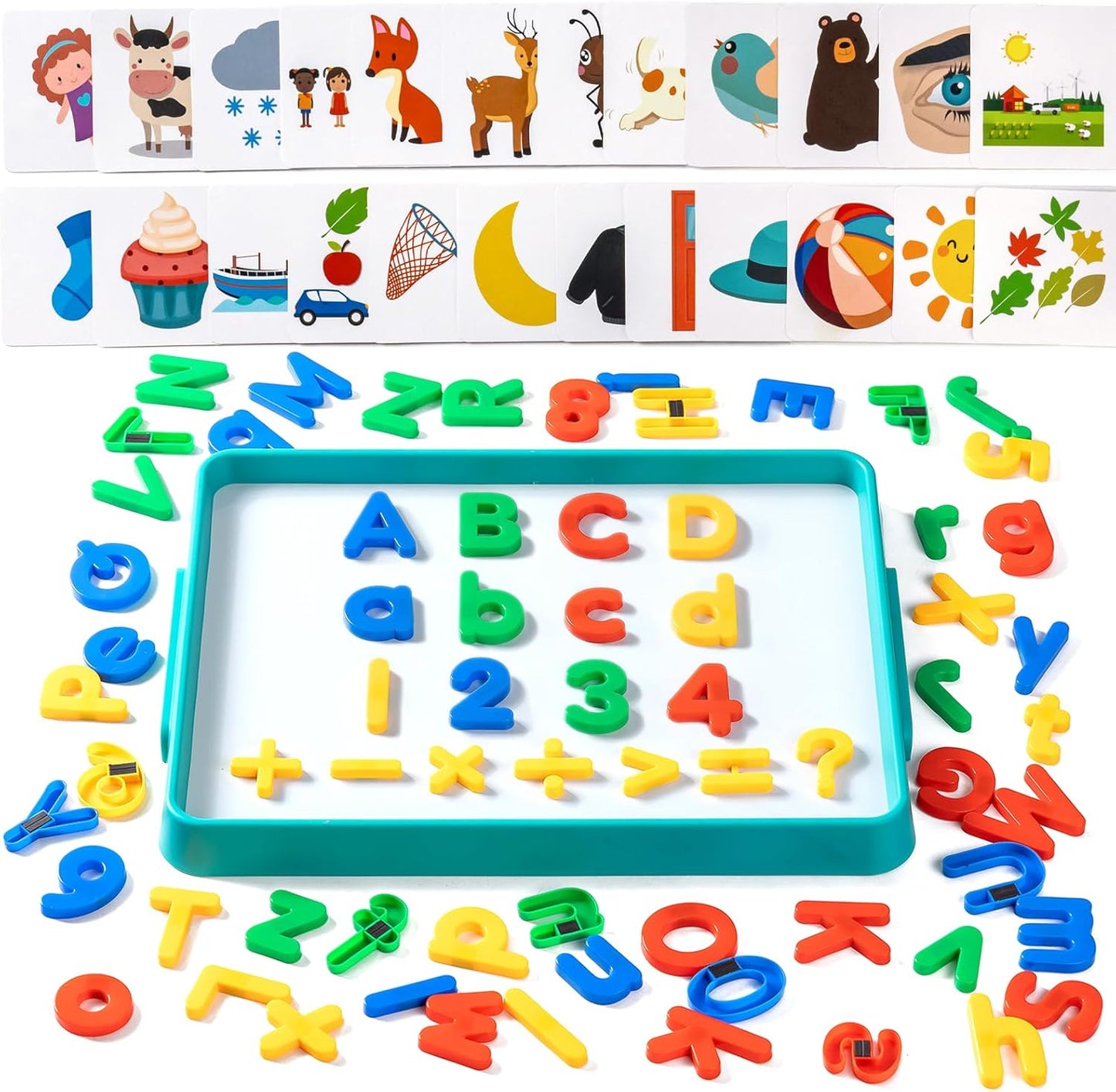 Magnetic Tray with 95 Magnetic Letters & 36 Alphabet Flash Cards – Kids Dry Erase Board, Magnetic Board for Kids & Classroom Learning Tool (Cyan)