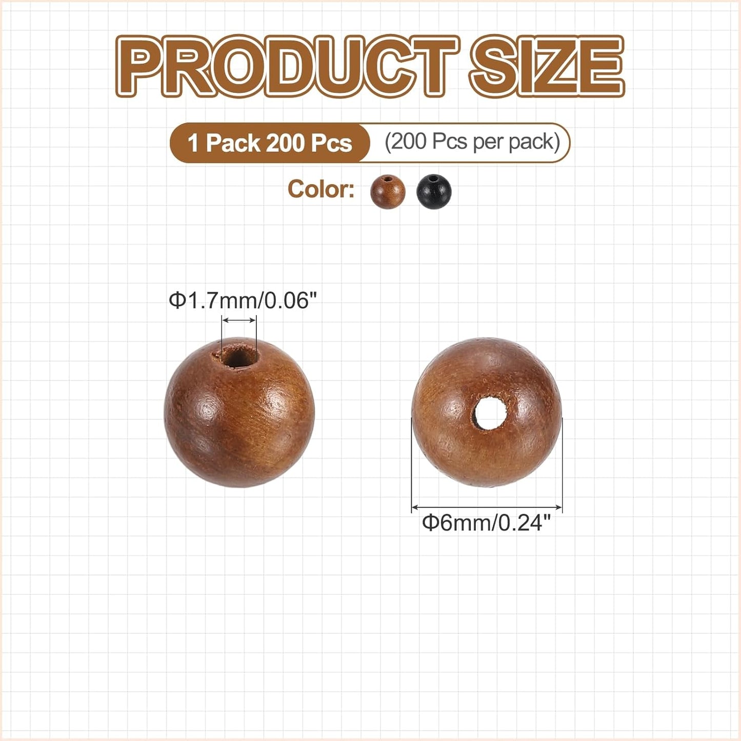 HARFINGTON 200pcs Round Wooden Beads, 10mm Dia Small Wood Beads for DIY Crafts, Bracelet, Wristlet, Necklace, Jewelry Making, Khaki Brown&Black