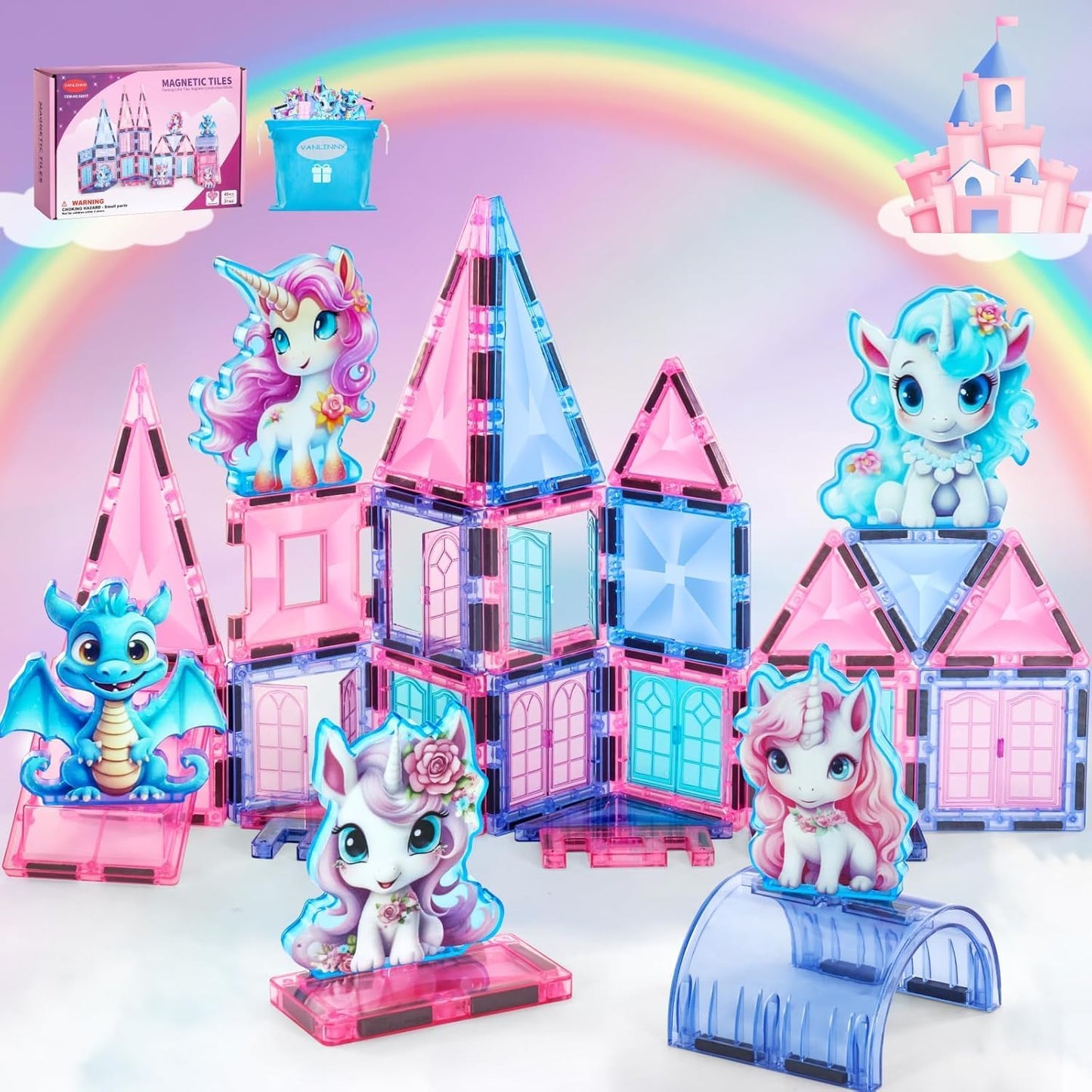Unicorn Magnetic Tiles 49pcs – Magical Unicorn Toys for Girls Aged 4-8, Magnetic Building Blocks, STEM Construction Toy with 4 Unicorn Dolls and Dragon, Diamond 3D Educational Gift for Girls & Boys