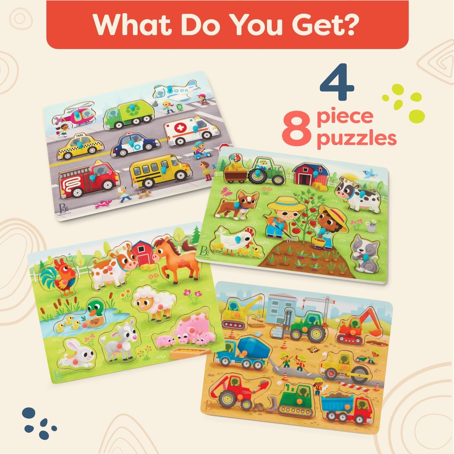 B. toys – Peek & Explore – Vehicles – Wooden Peg Puzzle for Toddlers, Kids – 8 Pieces – Fire Truck, Airplane, Taxi & More – 2+ Years
