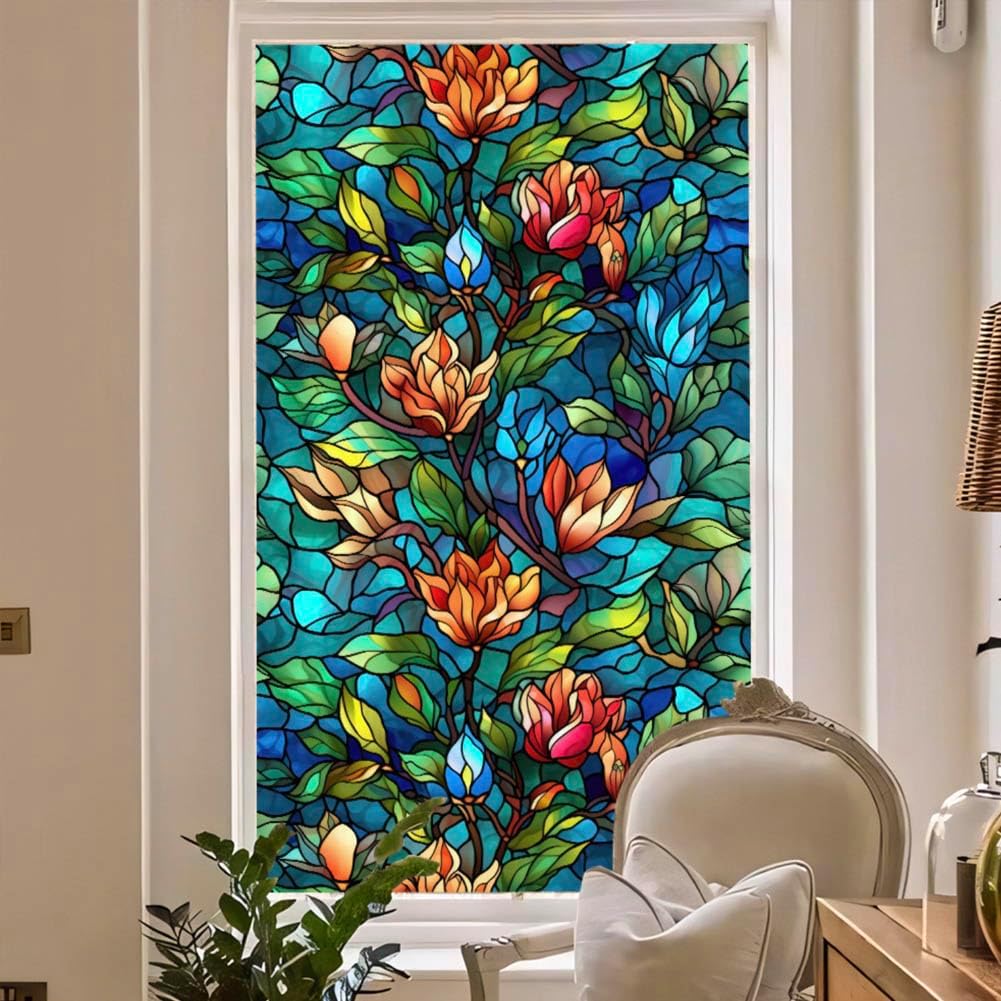 JOONOR Privacy Window Film Stained Glass Window Sticker Non-Adhesive Frosted Glass Film Decorative Magnolia Flower Pattern Static Cling Decals for Home UV Blocking/Heat Insulation 17.7 x 39.4 Inch