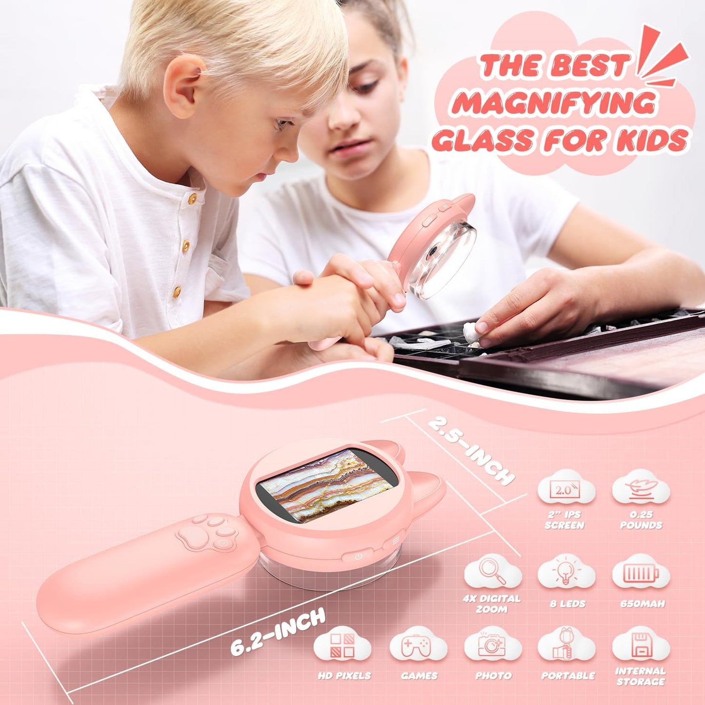 Leipan Magnifying Glass for Kids, 100X Handheld Microscope with 2" LCD Scrren, Kids Magnifer with 8 LED Lights, Christmas Birthday Gifts for Children