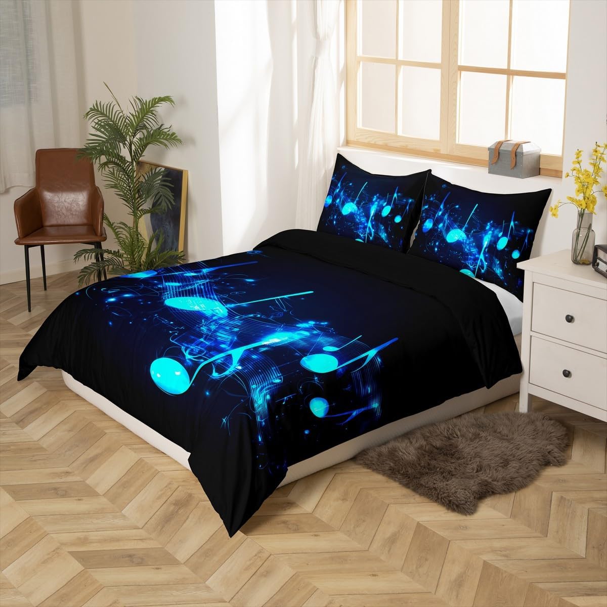 Drum Kit Comforter Cover Abstract Musical Instruments Bedding Set for Kids Boys Teens,Pop Music Duvet Cover Modern Rock Quilt Cover, Teal Laser Light Bedroom Decor Twin Size Blue Green Black