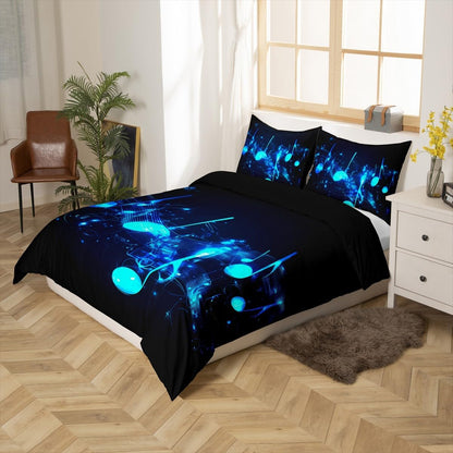 Drum Kit Comforter Cover Abstract Musical Instruments Bedding Set for Kids Boys Teens,Pop Music Duvet Cover Modern Rock Quilt Cover, Teal Laser Light Bedroom Decor Twin Size Blue Green Black