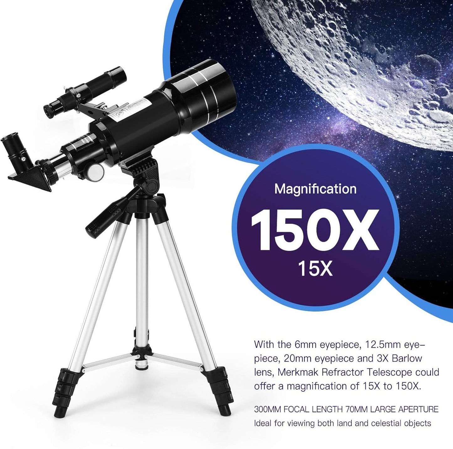 Telescope for Kids & Adults, 70mm Aperture 300mm Telescopes for Astronomy Beginners, 15X-150X Magnification Portable Refractor Telescope with Adjustable Tripod, Phone Adapter
