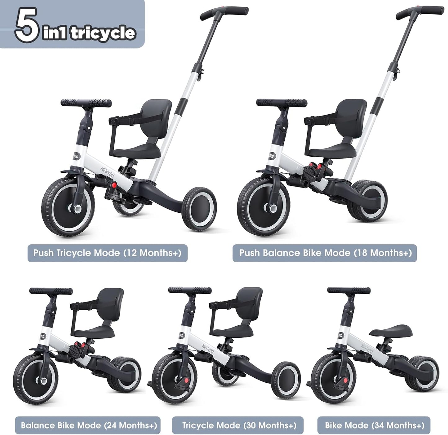 newyoo Toddler Tricycle with Push Handle for 1-3 Year Old, Toddler Bike, Birthday Gift and Toy for Boys and Girls, 5 in 1 Kids Trike, Balance Bike with Backrest and Safety Belt, Khaki, TR007