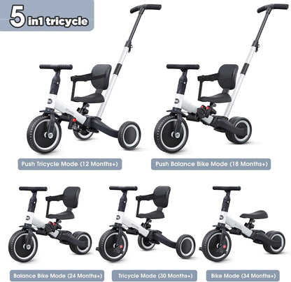 newyoo Toddler Tricycle with Push Handle for 1-3 Year Old, Toddler Bike, Birthday Gift and Toy for Boys and Girls, 5 in 1 Kids Trike, Balance Bike with Backrest and Safety Belt, Khaki, TR007