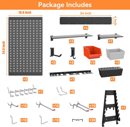 WALMANN 113 PCS Pegboard Wall Organizer Kit with Pegboard Hooks, Bins, Shelves, Pegboard Tools Storage System for Garage, Workbench, Modular Peg Board Tool Organizer Board with Hooks(Black)